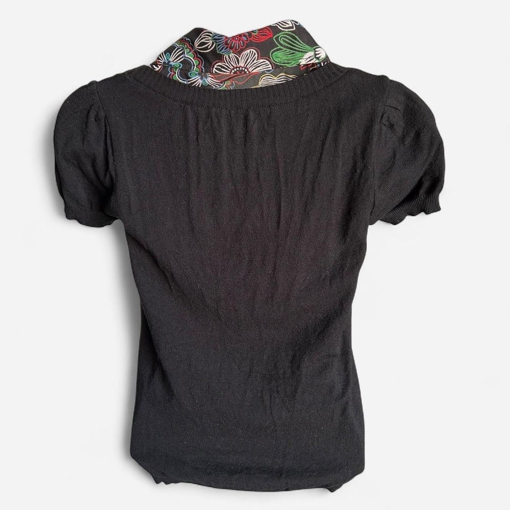 Bette Paige Black Knit Mock Layered Floral Blouse Top | Short Sleeve | Size: XS - Picture 6 of 7